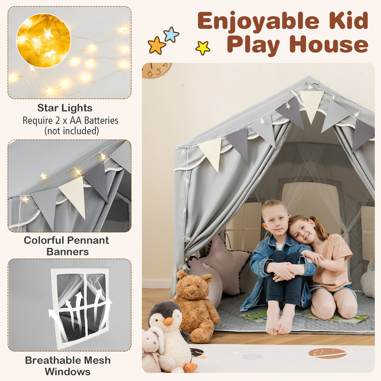 Kids Play Tent, 3-4 Kids Large Play Tent House w/2 Opening Doors, Star Lights & Plaid Pennants