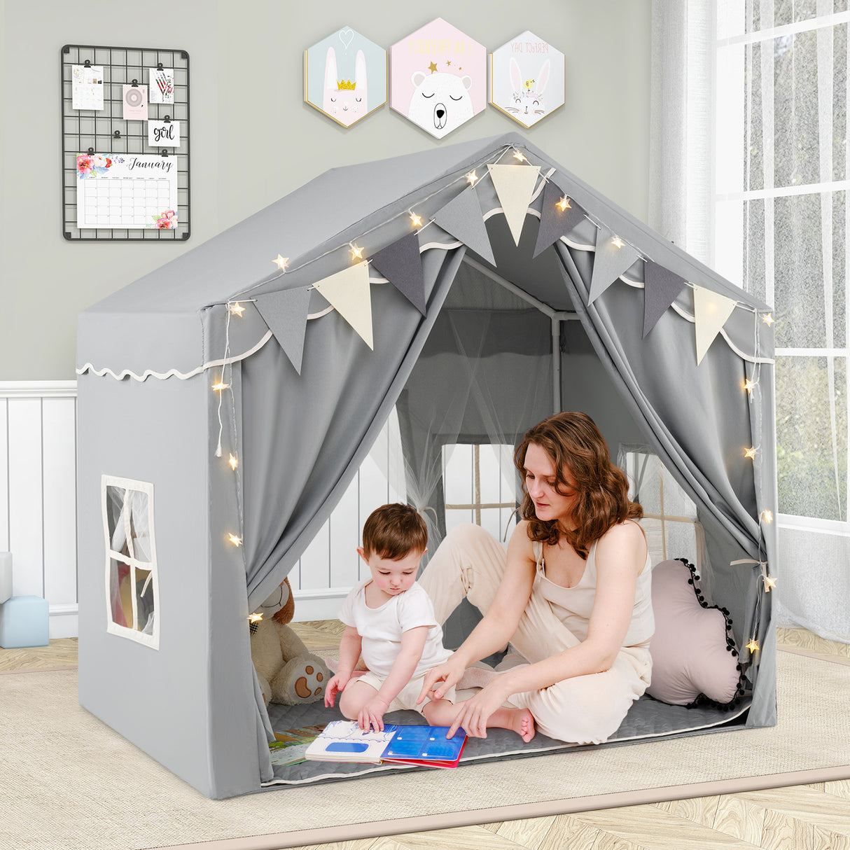 Kids Play Tent, 3-4 Kids Large Play Tent House w/2 Opening Doors, Star Lights & Plaid Pennants