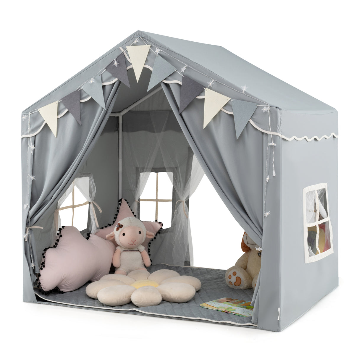 Kids Play Tent, 3-4 Kids Large Play Tent House w/2 Opening Doors, Star Lights & Plaid Pennants