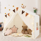 Kids Play Tent, 3-4 Kids Large Play Tent House w/Fabric & Screen Curtains, Star Lights, Plaid Pennants