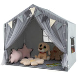 Kids Play Tent, 3-4 Kids Large Play Tent House w/Fabric & Screen Curtains, Star Lights, Plaid Pennants