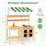 HONEY JOY Kids Mud Kitchen with Canopy, Outdoor Wooden Pretend Play Kitchen w/ 4 Stoves, Sink