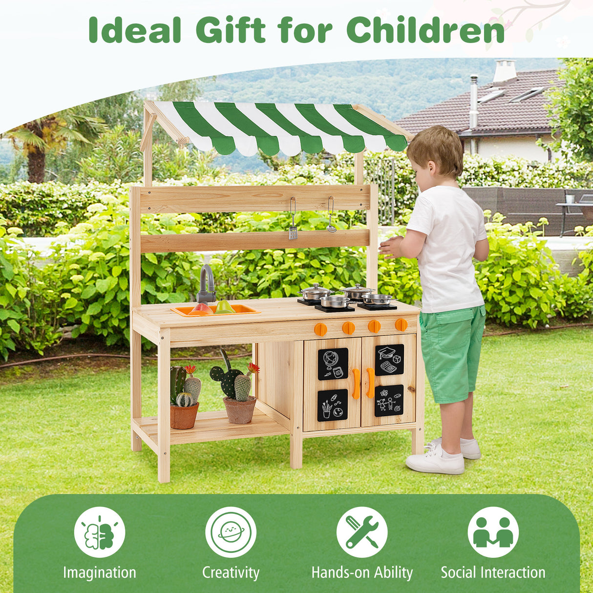 HONEY JOY Kids Mud Kitchen with Canopy, Outdoor Wooden Pretend Play Kitchen w/ 4 Stoves, Sink