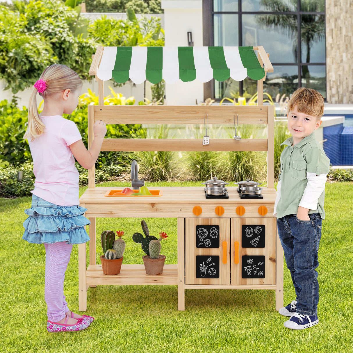 HONEY JOY Kids Mud Kitchen with Canopy, Outdoor Wooden Pretend Play Kitchen w/ 4 Stoves, Sink