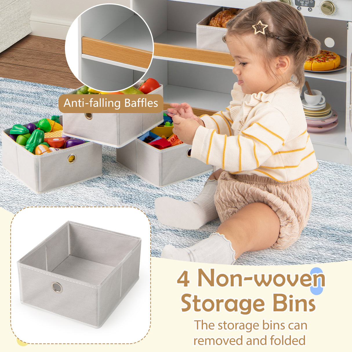 HONEY JOY Play Kitchen for Kids with Storage, Wooden Toy Kitchen Set w/4 Storage Bins