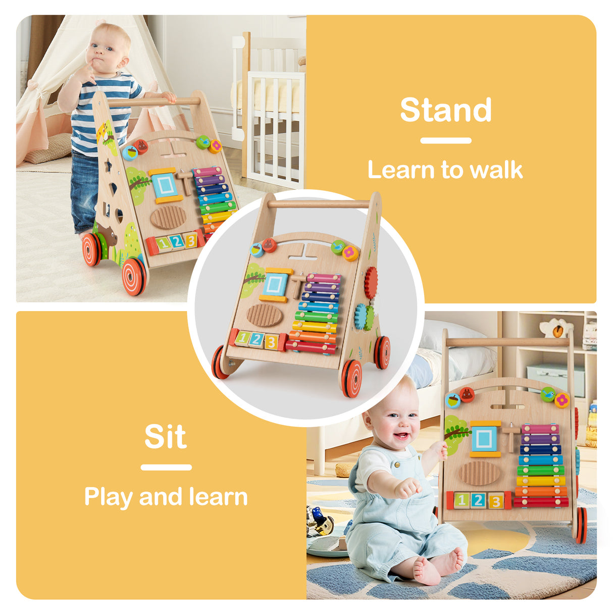 BABY JOY All-in-1 Wooden Baby Walker, Baby Push Walker with Handle