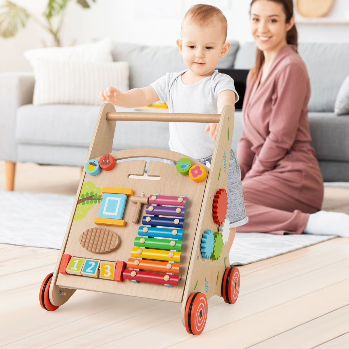 BABY JOY All-in-1 Wooden Baby Walker, Baby Push Walker with Handle