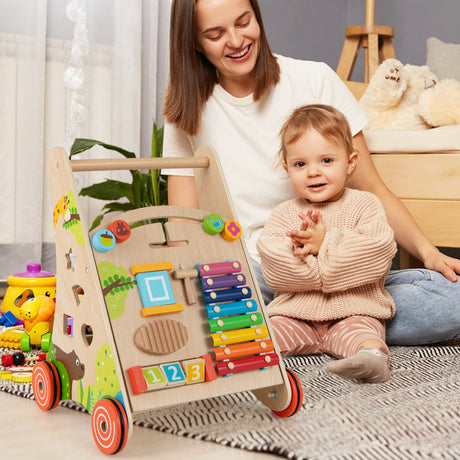 BABY JOY All-in-1 Wooden Baby Walker, Baby Push Walker with Handle