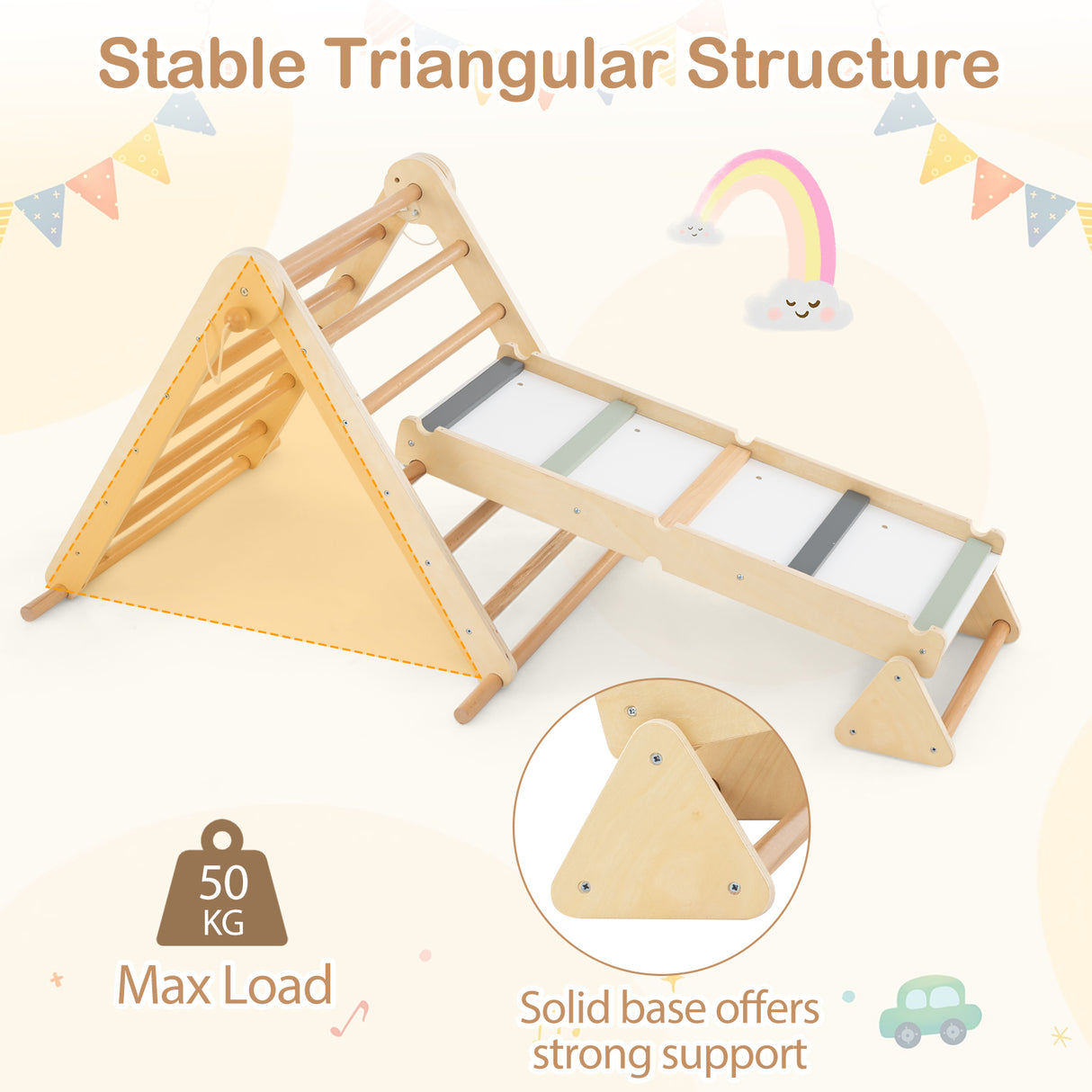 HONEY JOY 3-in-1 Pikler Triangle Climbing Set, Kids Montessori Climbing Toys w/Dual-Side Ramp & Adjustable Climbing Triangle