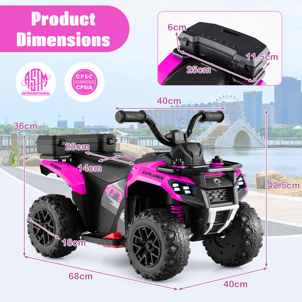 6V Kids Ride On ATV, Electric Toy Car w/Music & Spray Function, USB Port, Storage Box, 4 Anti-skid Tires, 2 km/h Max Speed