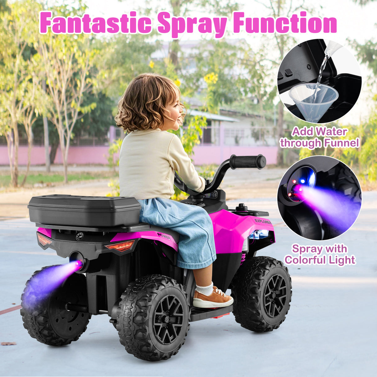 6V Kids Ride On ATV, Electric Toy Car w/Music & Spray Function, USB Port, Storage Box, 4 Anti-skid Tires, 2 km/h Max Speed