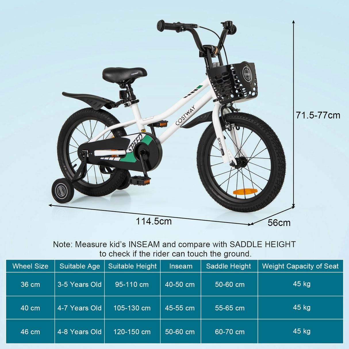 HONEY JOY 14 16 Inch Kids Bike, Toddler Bike with Training Wheels, Adjustable Seat & Handlebar, Basket