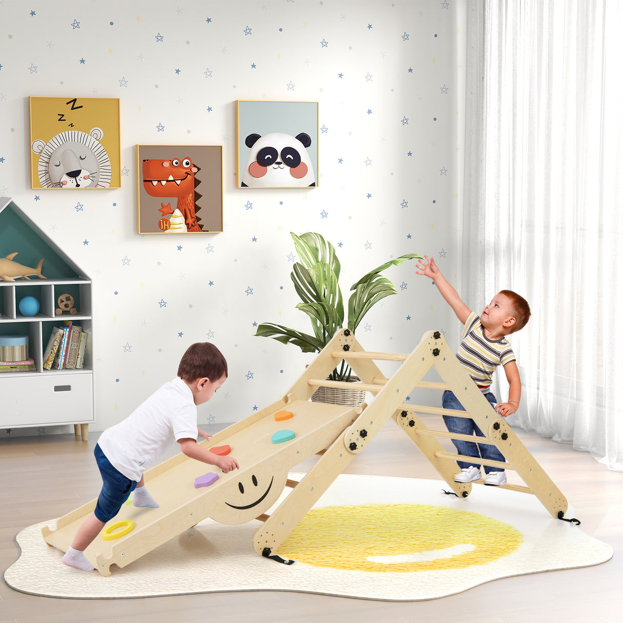 HONEY JOY Kids Climbing Playset, Children Triangle Ladder Play Toy Indoor Jungle Gym w/Reversible Ramp