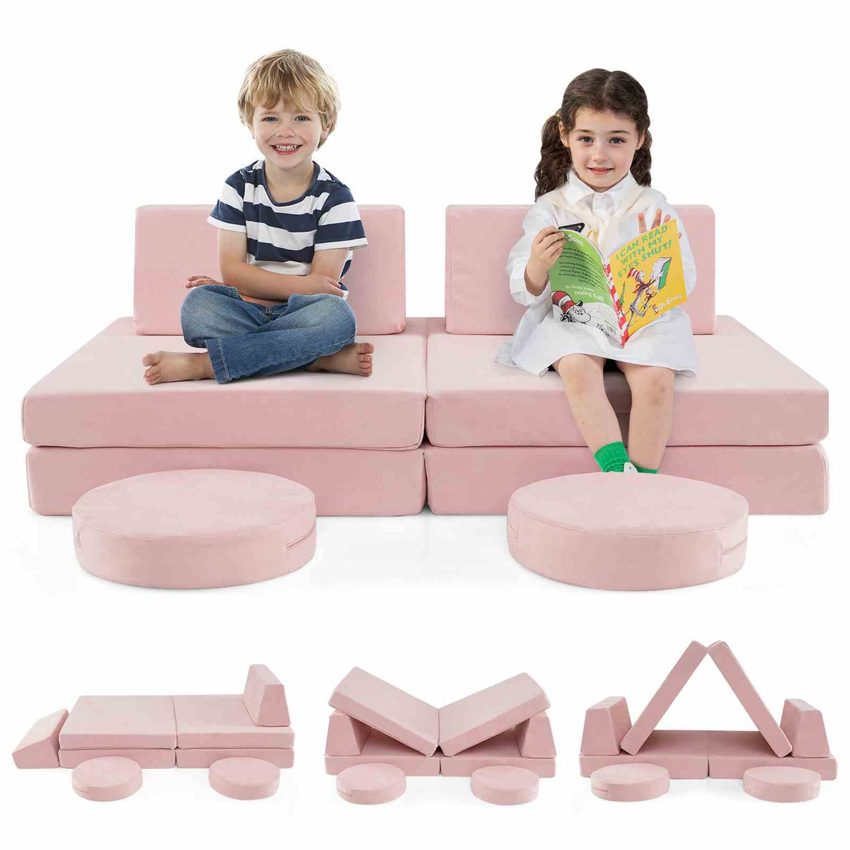 6 PCS Kids Modular Play Sofa Toddler Playing Sleeping Couch with Suede Fabric