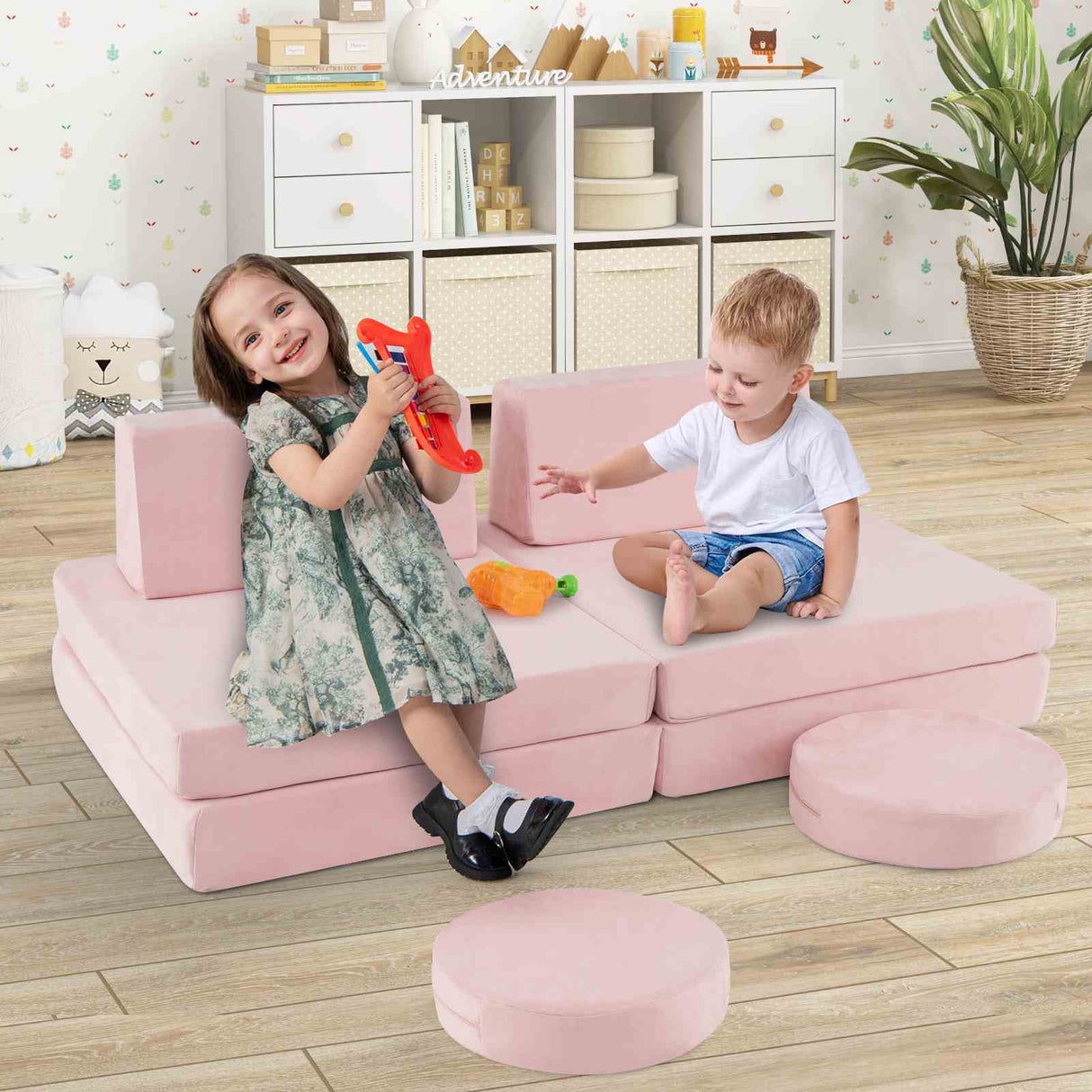 6 PCS Kids Modular Play Sofa Toddler Playing Sleeping Couch with Suede Fabric