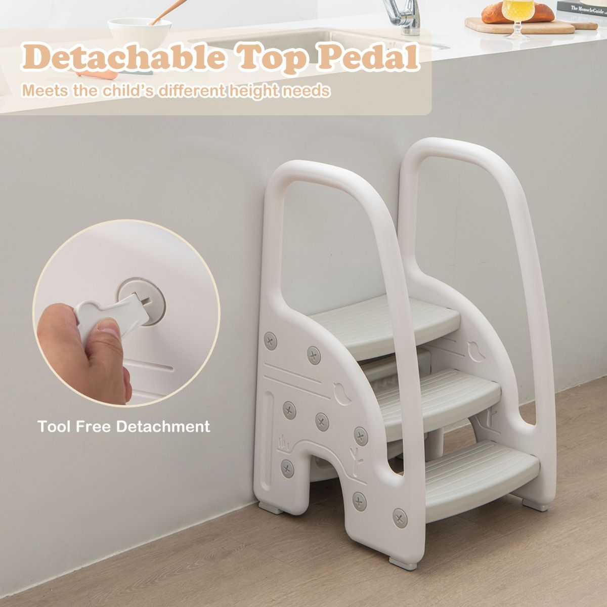 Three-Step Stool with Safety Handles and Non-slip Pedals for Toddlers