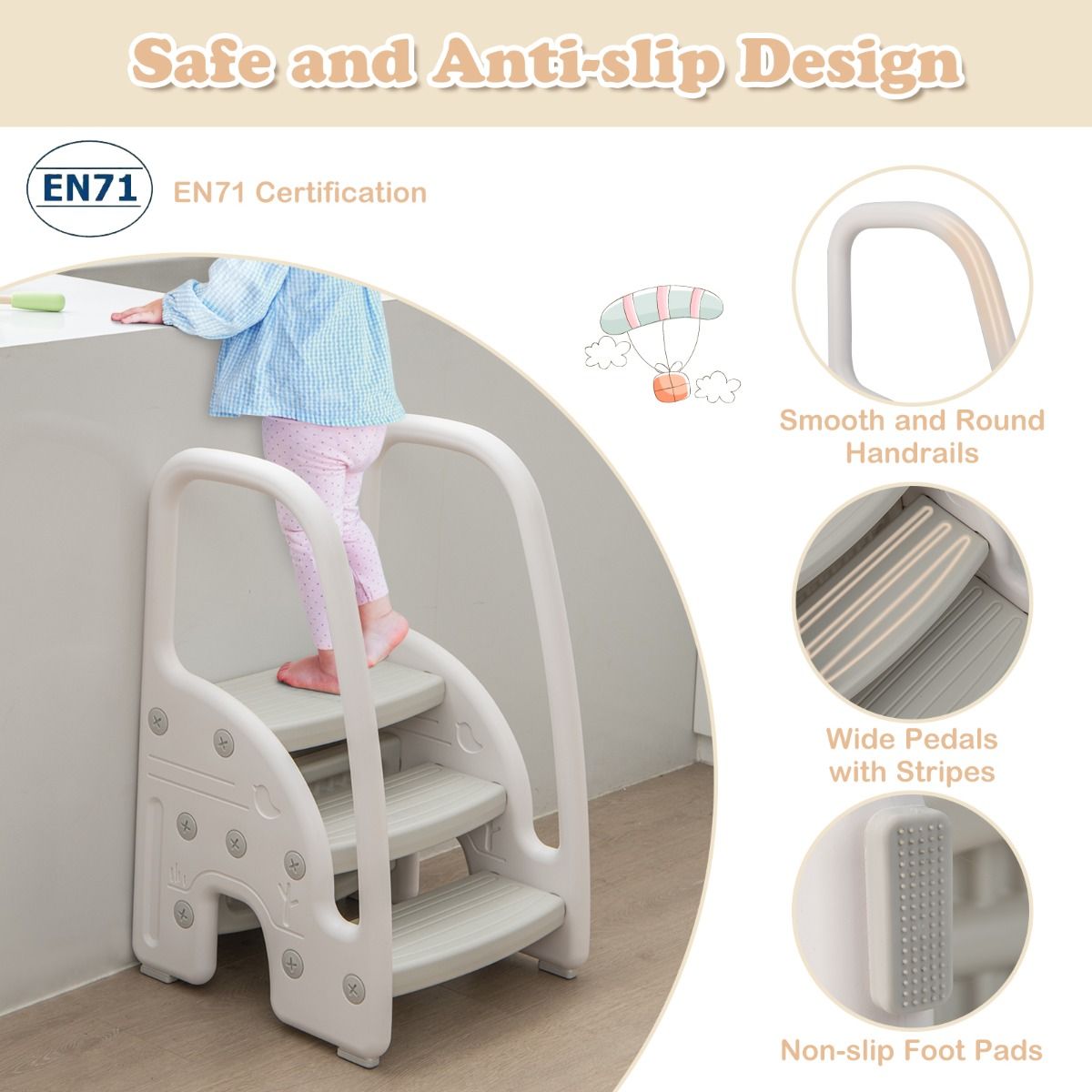 Three-Step Stool with Safety Handles and Non-slip Pedals for Toddlers