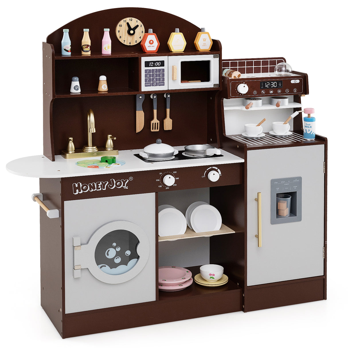 Wooden Kitchen Playset with Clock, Microwave, Sink, Dish Rack, Washing Machine, Ice & Coffee Makers