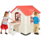 HONEY JOY Playhouse for Kids Outdoor Garden Games Cottage w/Working Doors & Windows, Pretend Toy House w/Picnic Table