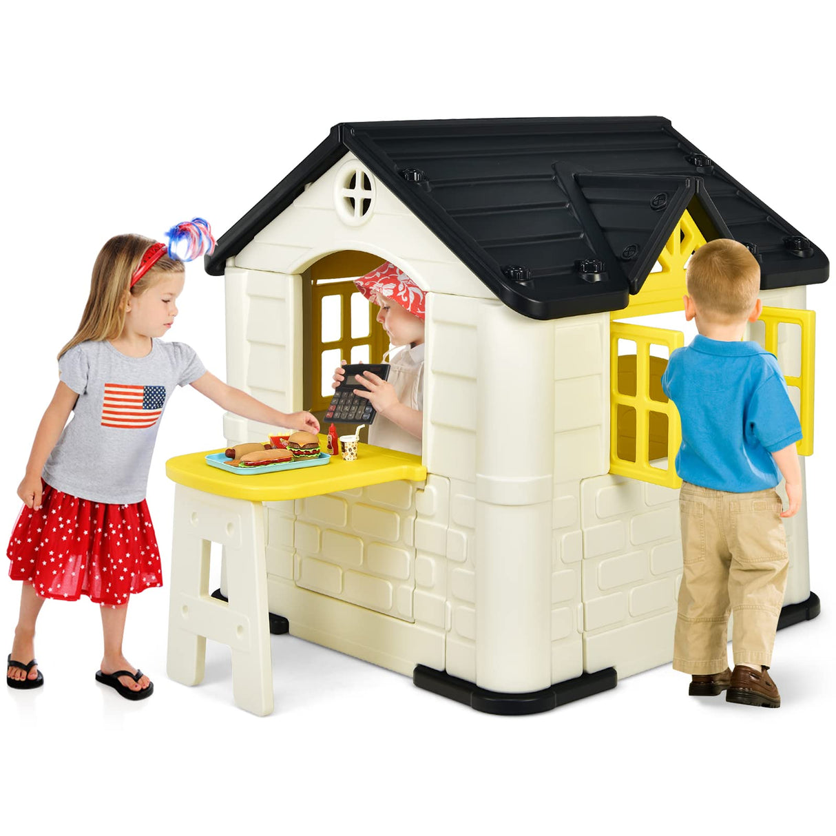 HONEY JOY Playhouse for Kids Outdoor Garden Games Cottage w/Working Doors & Windows, Pretend Toy House w/Picnic Table