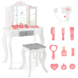 HONEY JOY Kids Vanity Set, Dressing Table w/Mirror and Stool, Accessories, Drawer, Wooden Princess Makeup Dressing Table