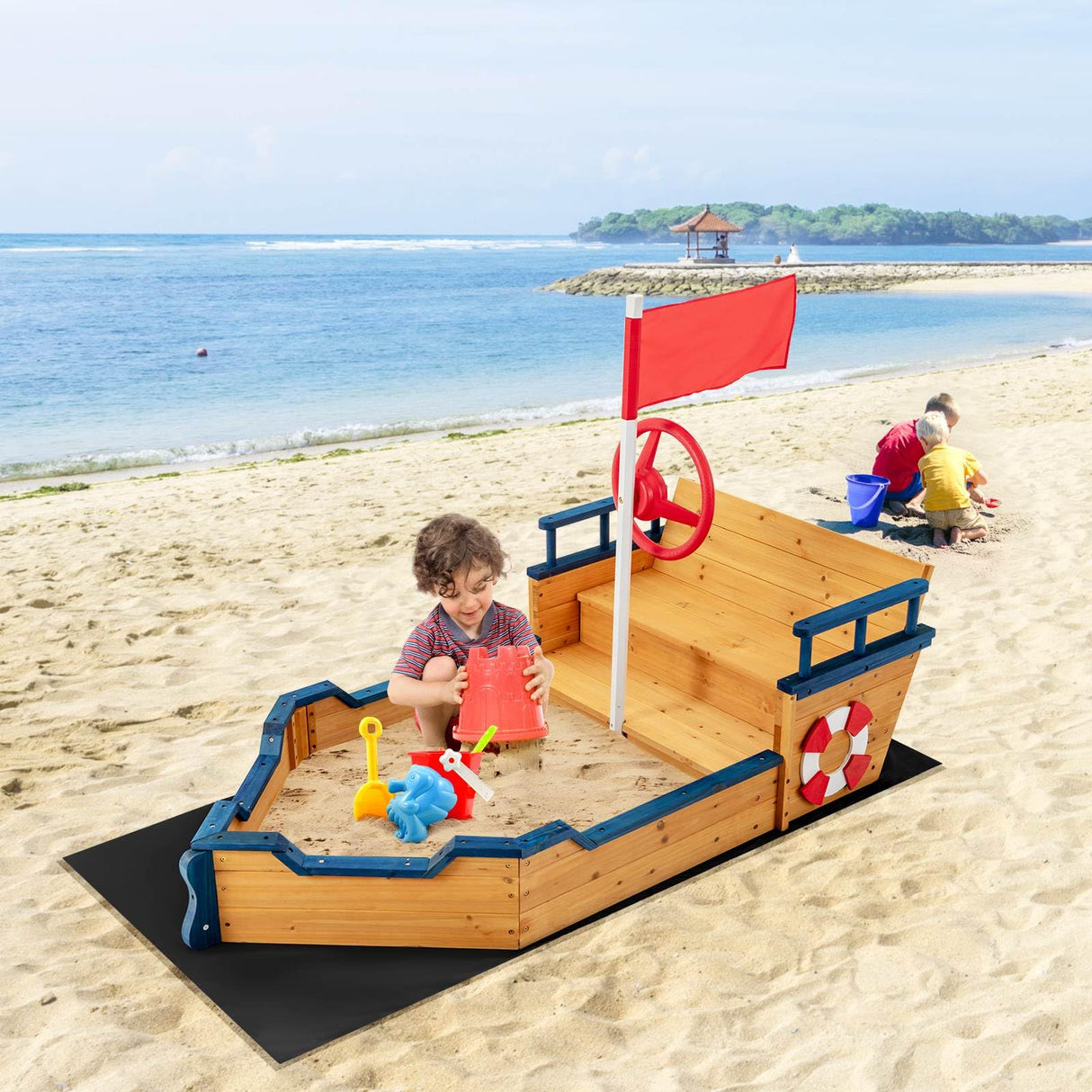 HONEY JOY Wooden Kids Sandbox Outdoor Play Sandpit Toy w/2-in-1 Storage Benches