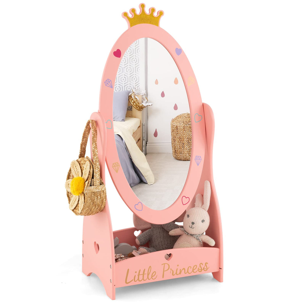 HONEY JOY Kids Full Length Mirror, Princess Floor Free Standing Mirror w/Storage Shelf