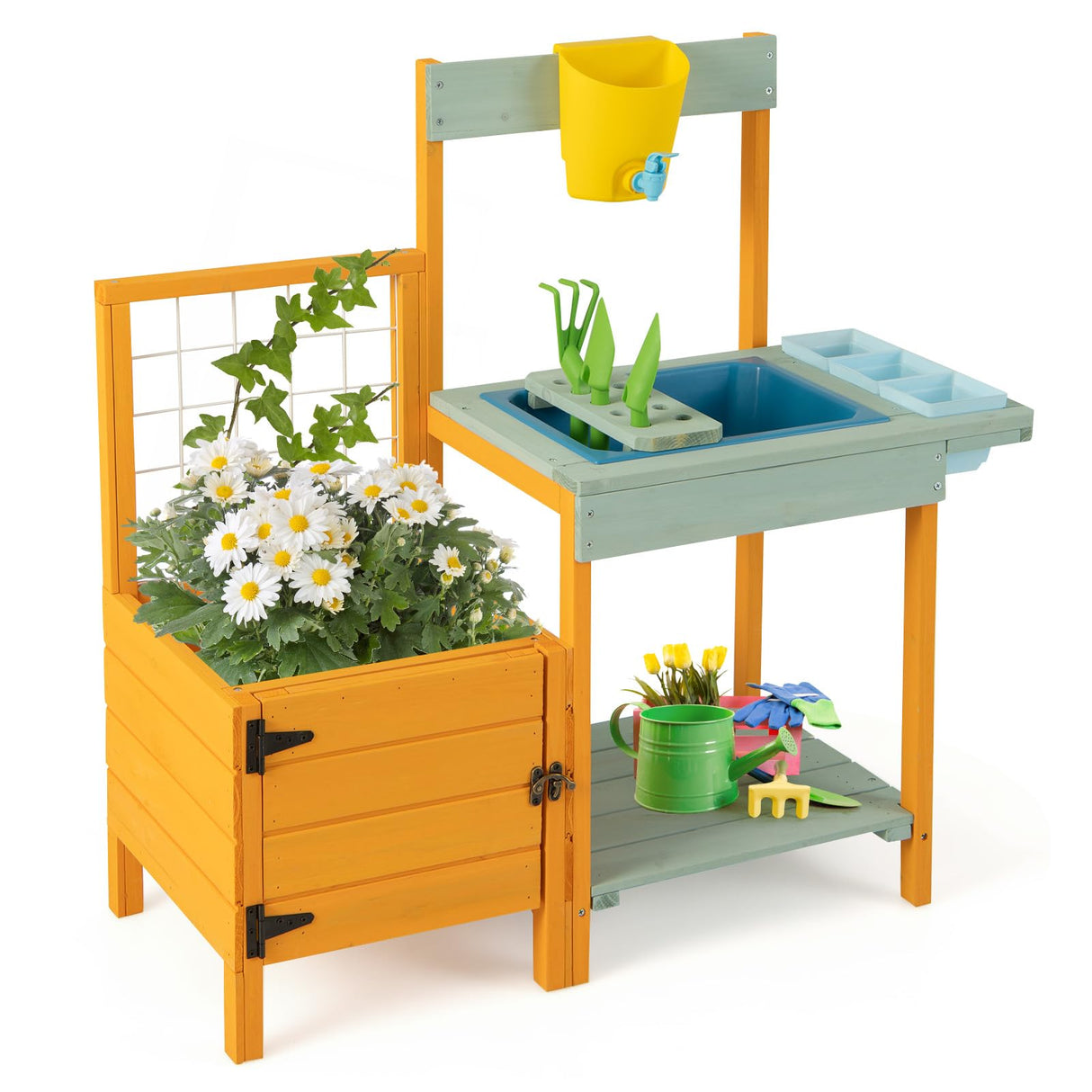 HONEY JOY Kids Outdoor Potting Bench w/See-Through Window, Planter Box and Garden Trellis