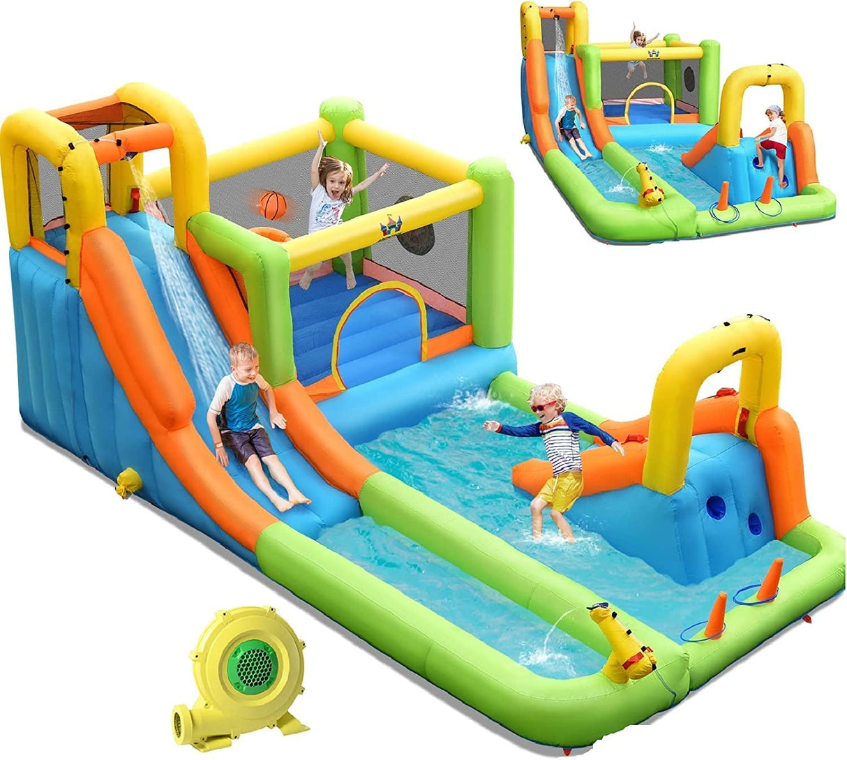 HONEY JOY 8 in 1 Inflatable Water Slide, Water Park w/Double Slides, Basketball Hoop