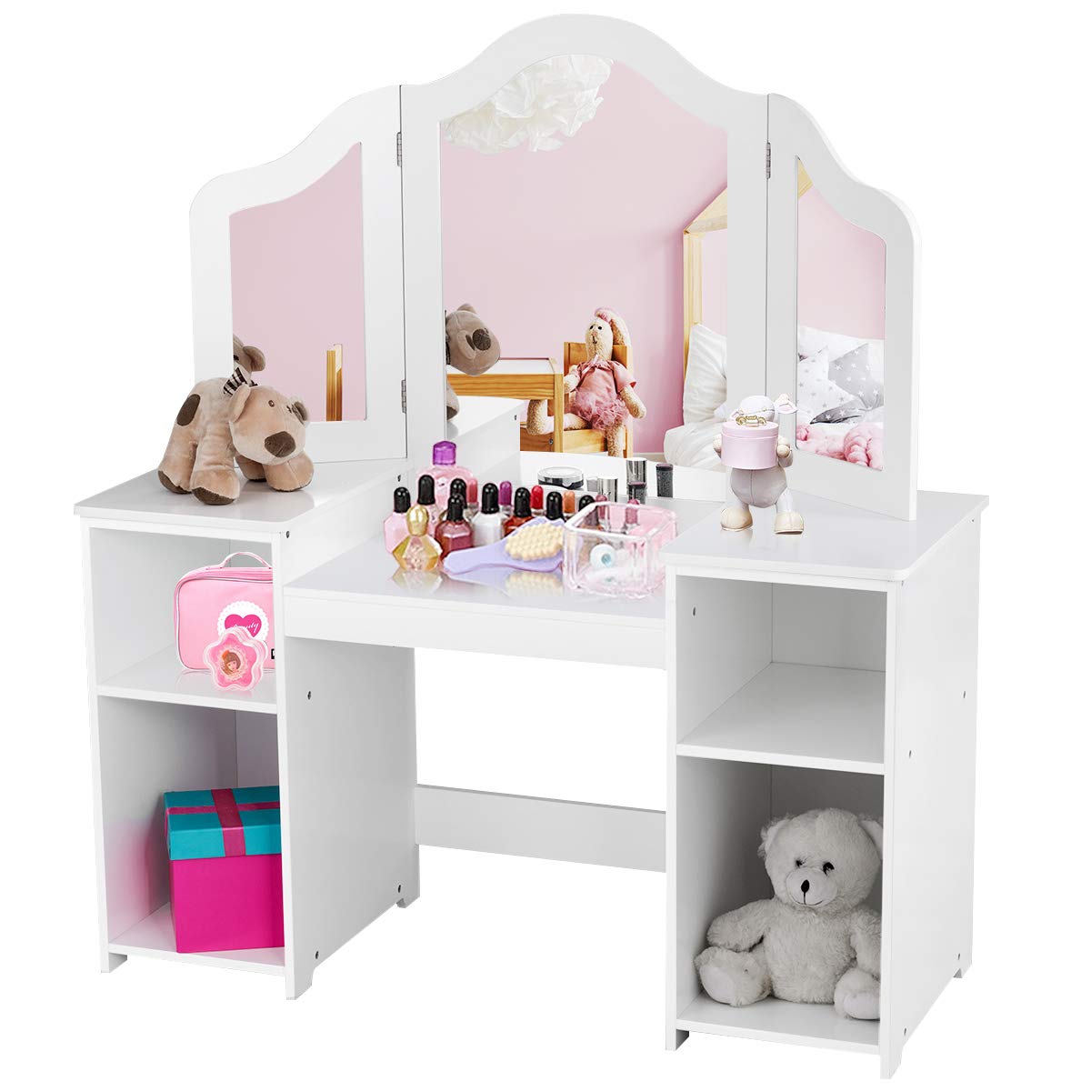 HONEY JOY 2 in 1 Kids Vanity Table & Chair Set, Princess Vanity Table with Removable Tri-fold Mirror