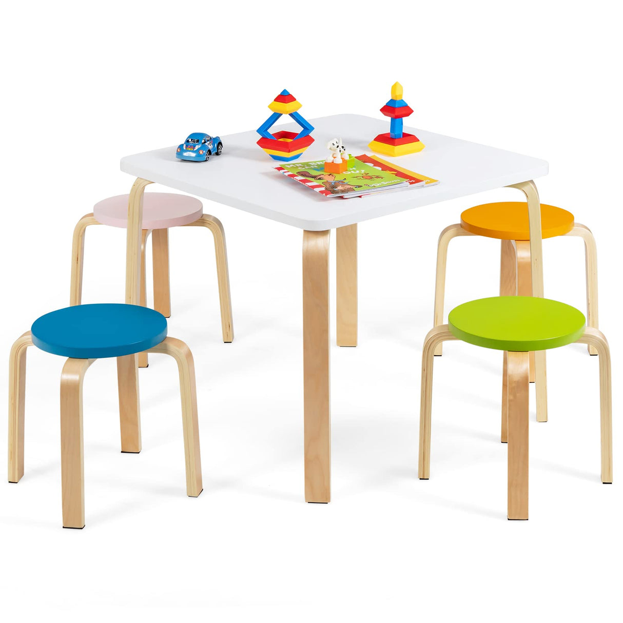 HONEY JOY 5 Pieces Kids Table & Chair Set, 1 Square Table & 4 Round Chairs