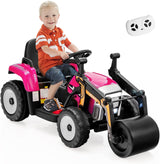 HONEY JOY Ride on Car, 12V Road Roller with Remote Control, Battery Powered Electric Tractor w/Adjustable Drum Roller