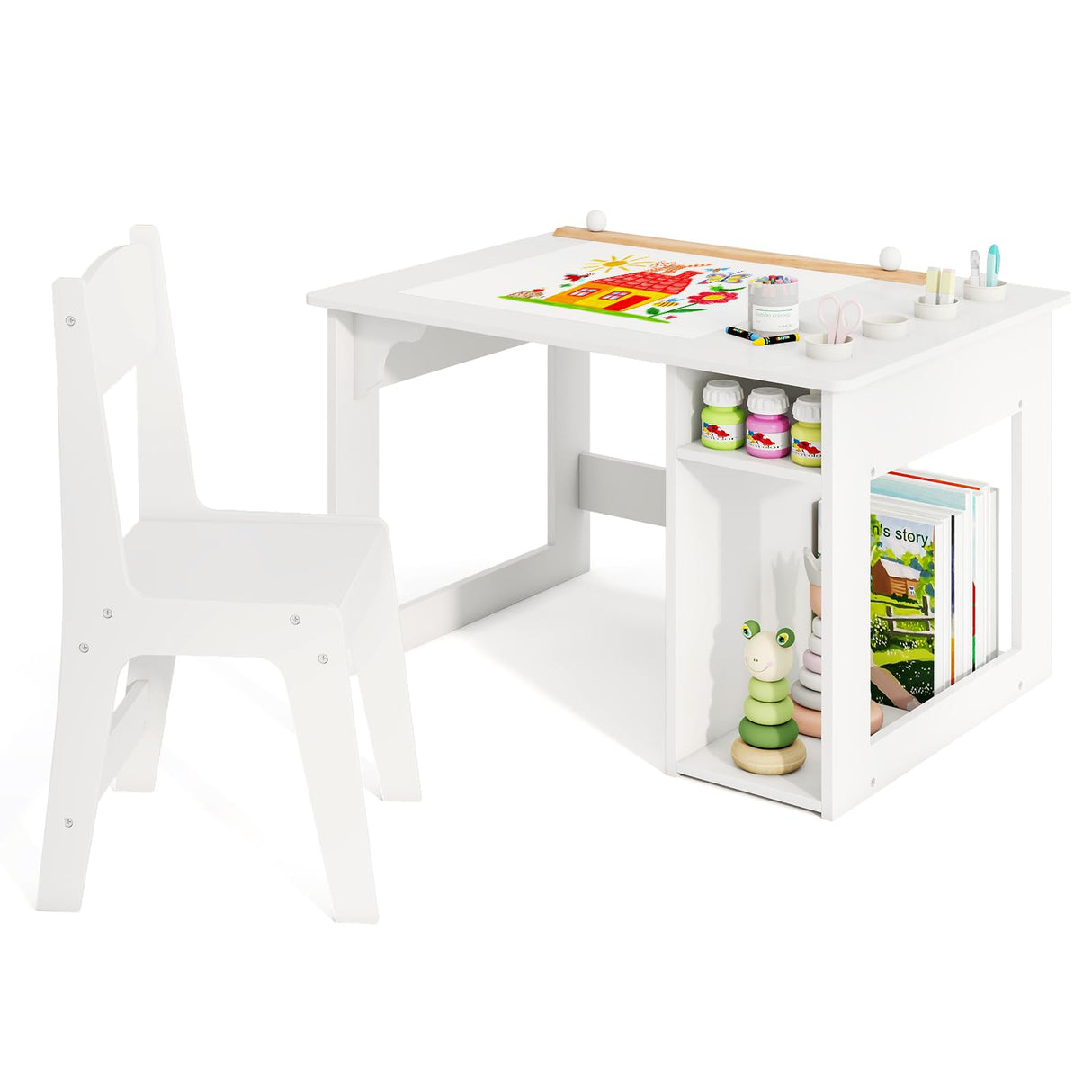 HONEY JOY Kid’s Art Table & Chair Set, Toddler Craft Wooden Drawing Desk with Paper Roll