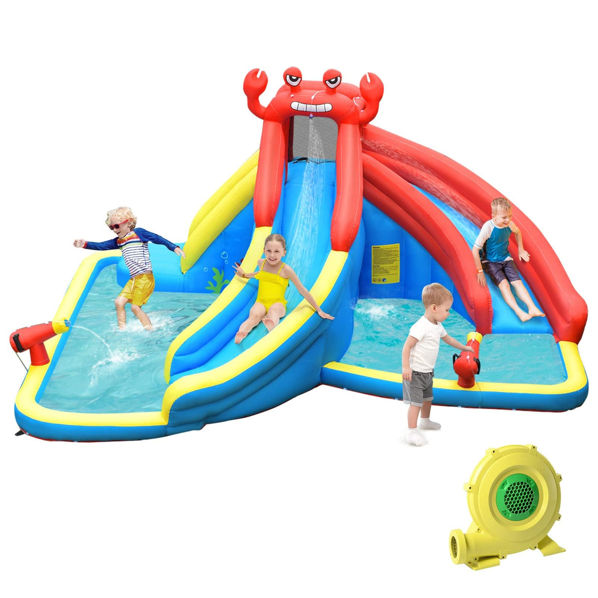 HONEY JOY Inflatable Water Slide, 7 in 1 Giant Water Park Double Long Slide w/Splash Pool, Tunnel Adventure (with 750W Blower)