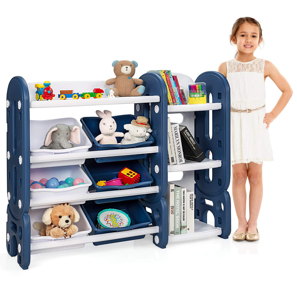 BABY JOY 2 in 1 Kids Toy Storage Organiser with Bookshelf and Toy Collection Shelves