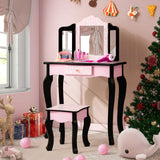 HONEY JOY Kids Vanity Table & Stool Set, Pretend Play Beauty Makeup Dressing Table w/Tri-Folding Mirror & Single Drawer