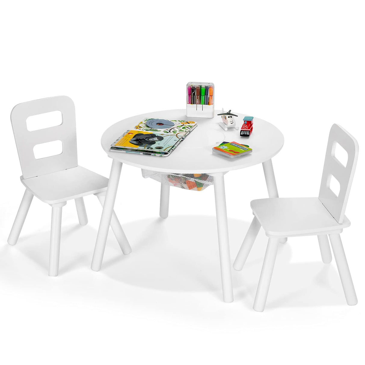 HONEY JOY Kids Table and Chair Set, 3PC Wood Activity Table w/Center Mesh Storage, White