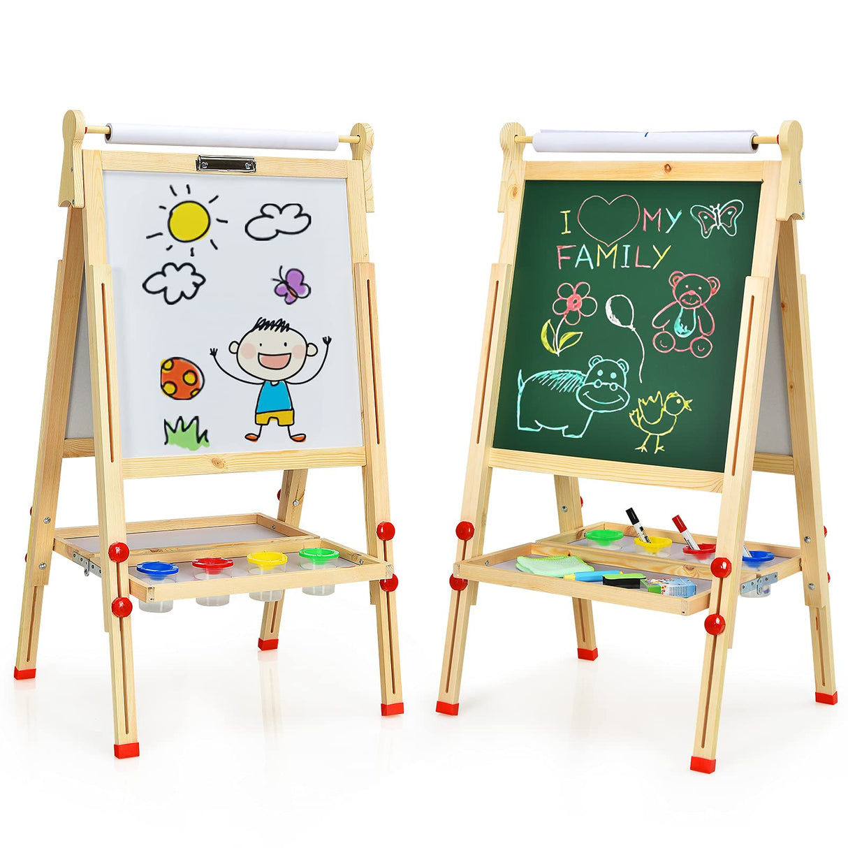 BABY JOY Kids Art Easel, Wooden Foldable Double-Sided Chalkboard Whiteboard w/Board Eraser