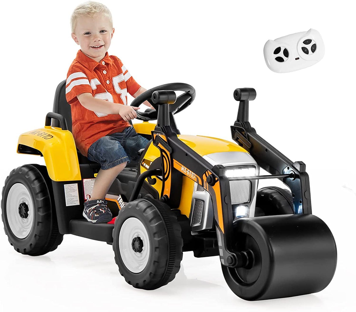 HONEY JOY Ride on Car, 12V Road Roller with Remote Control, Battery Powered Electric Tractor w/Adjustable Drum Roller