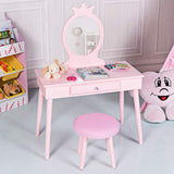 HONEY JOY Kids Vanity Set with Real Mirror & Cushioned Stool, Crown Shape Princess Makeup Dressing Table Stool Set