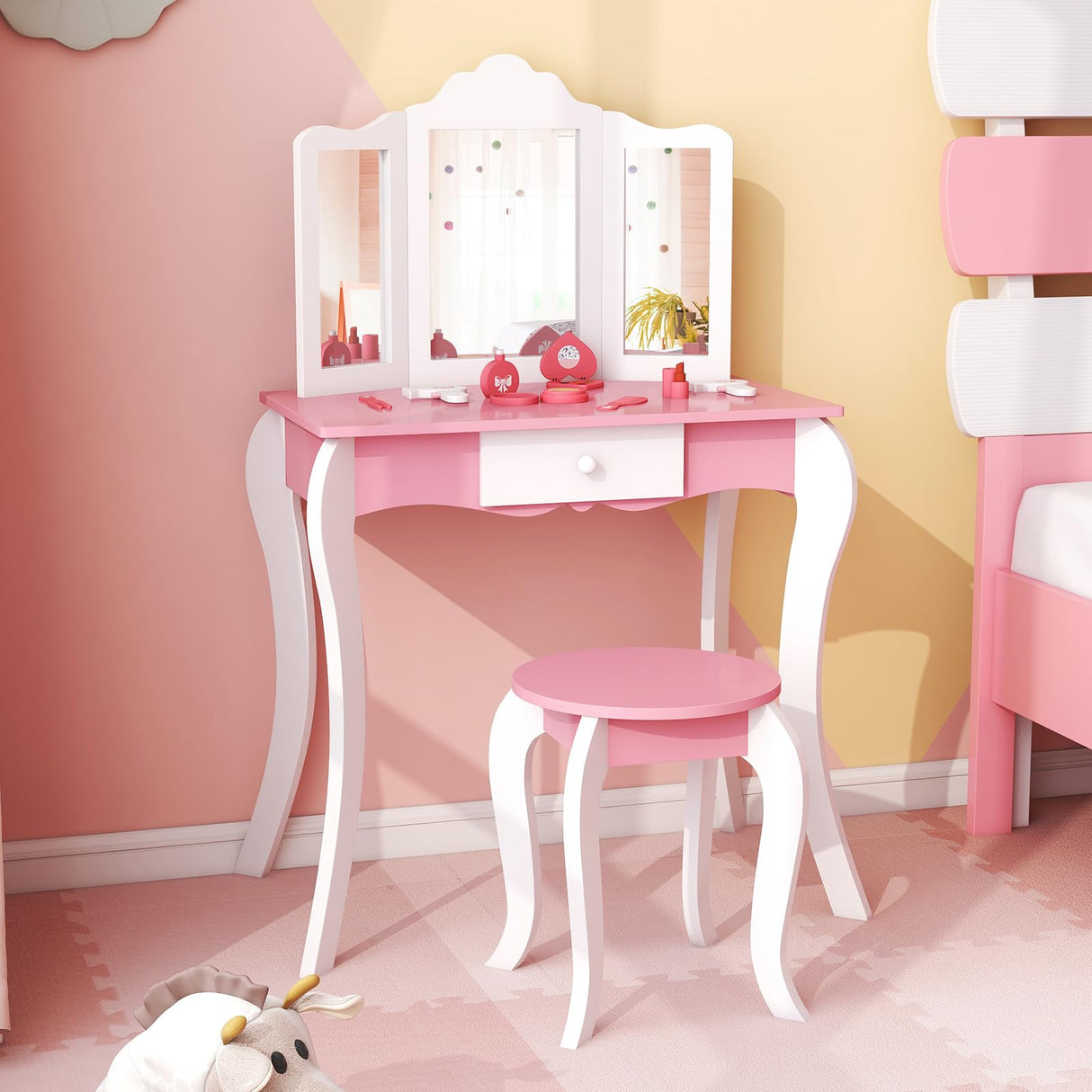 HONEY JOY Kids Vanity Table and Chair Set, 2-in-1 Kids Pretend Play Makeup Dressing Table Set with Tri-Folding Mirror