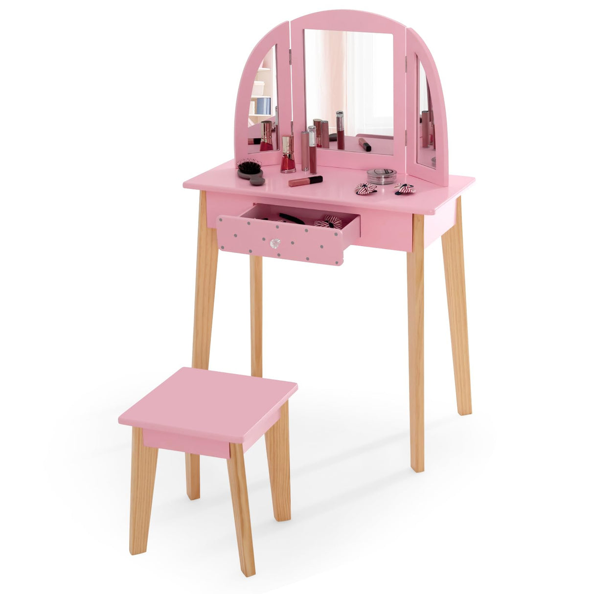 HONEY JOY 2-in-1 Kids' Vanity Set, Kids Wooden Vanity Table & Stool with Tri-Folding Mirror, Single Drawer