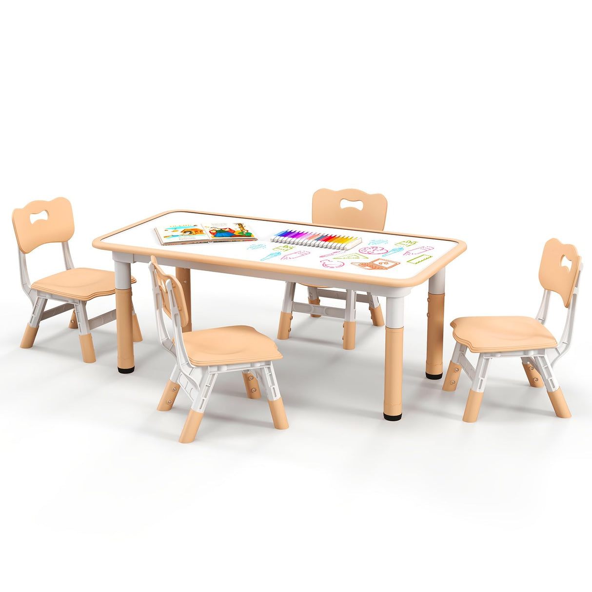 HONEY JOY Kids Table and 4 Chairs Set, Height Adjustable Toddler Desk & Chairs for 3+ Years, Arts Crafts Table w/Graffiti Desktop