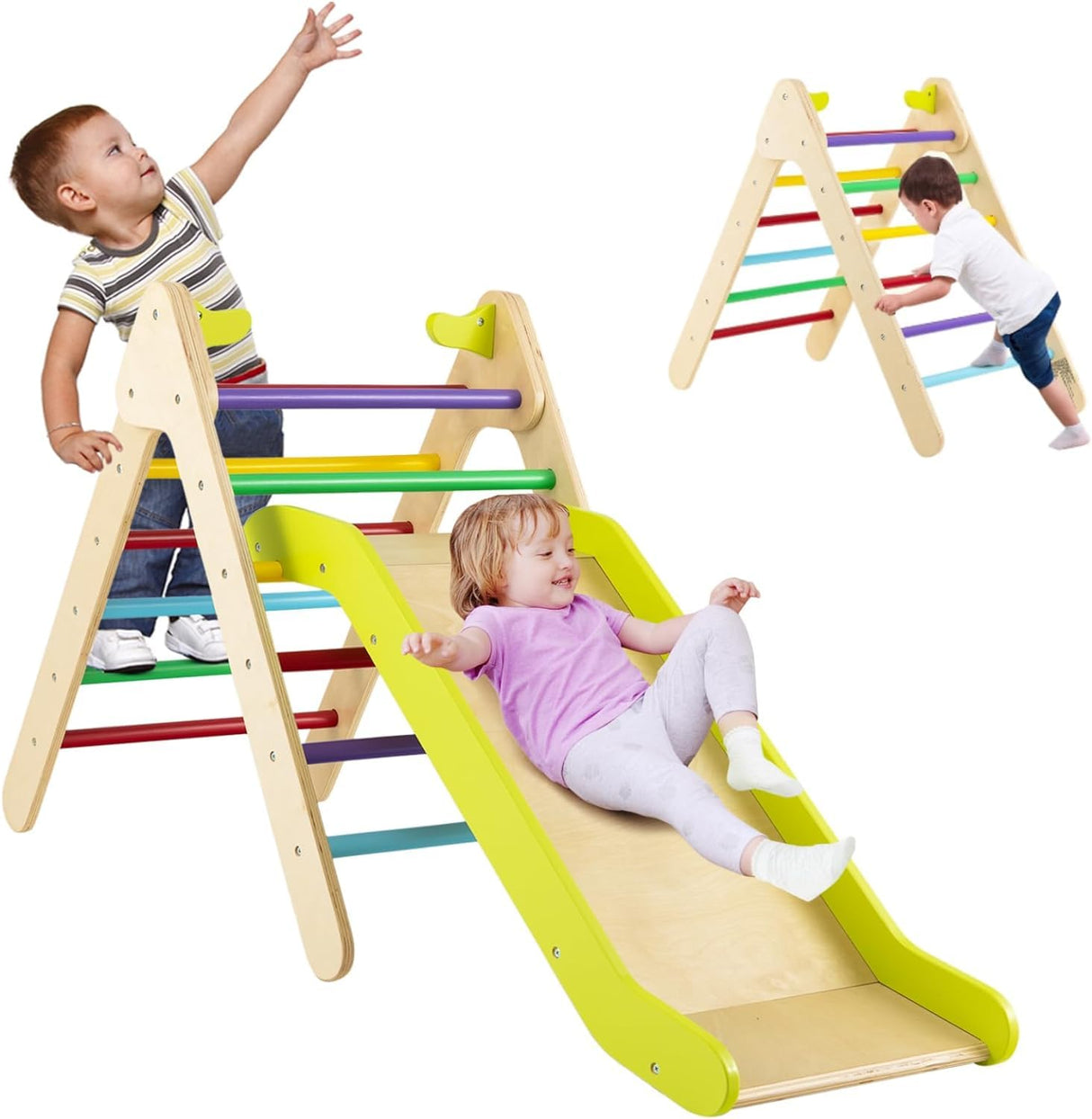 HONEY JOY Wooden Climbing Triangle Ladder for Kids, 2 in 1 Pikler Triangle Climber with Ramp for Slide