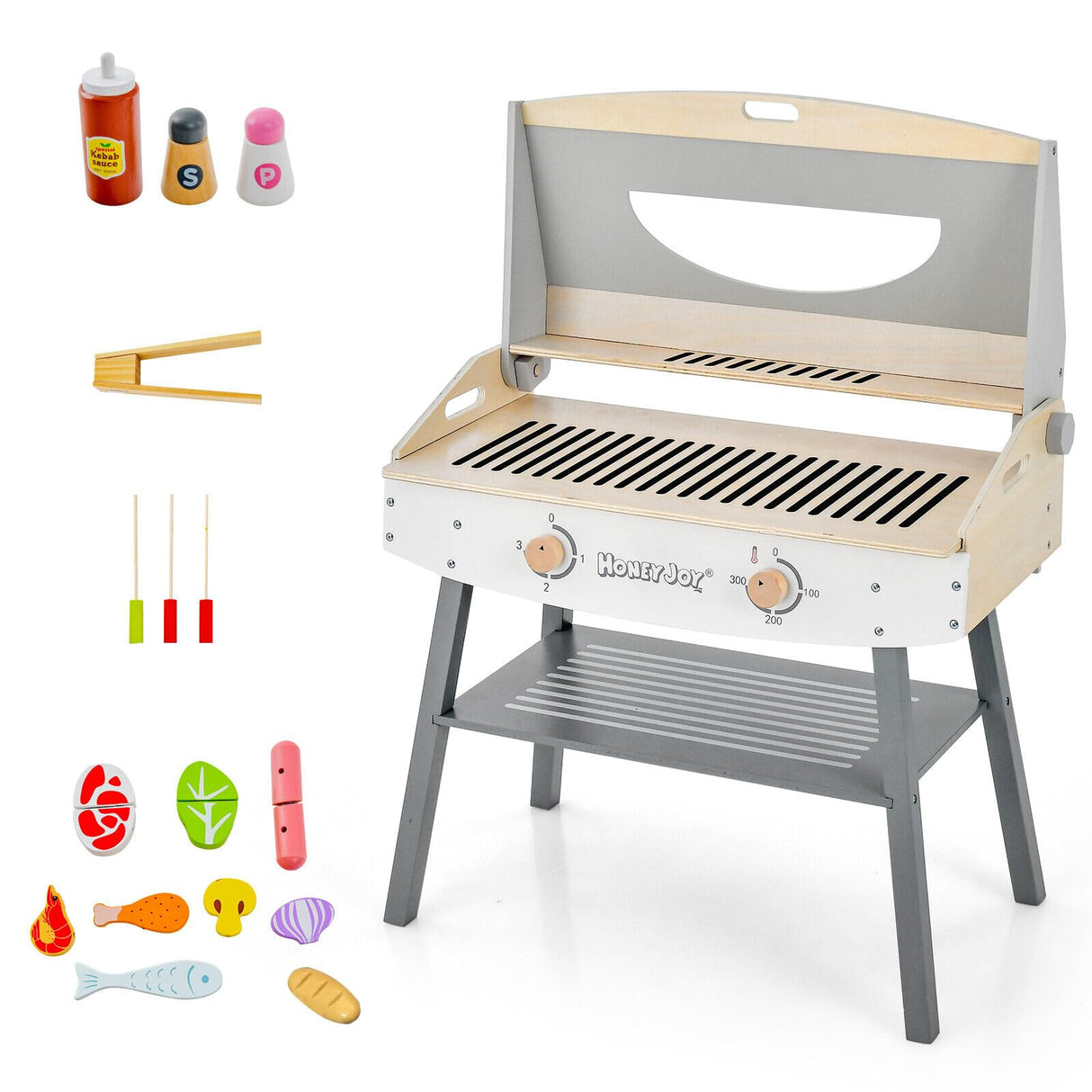 HONEY JOY Kids Barbecue Grill Playset, Wooden Kitchen Playset for Children with 17 Play Food & Barbecue Accessories