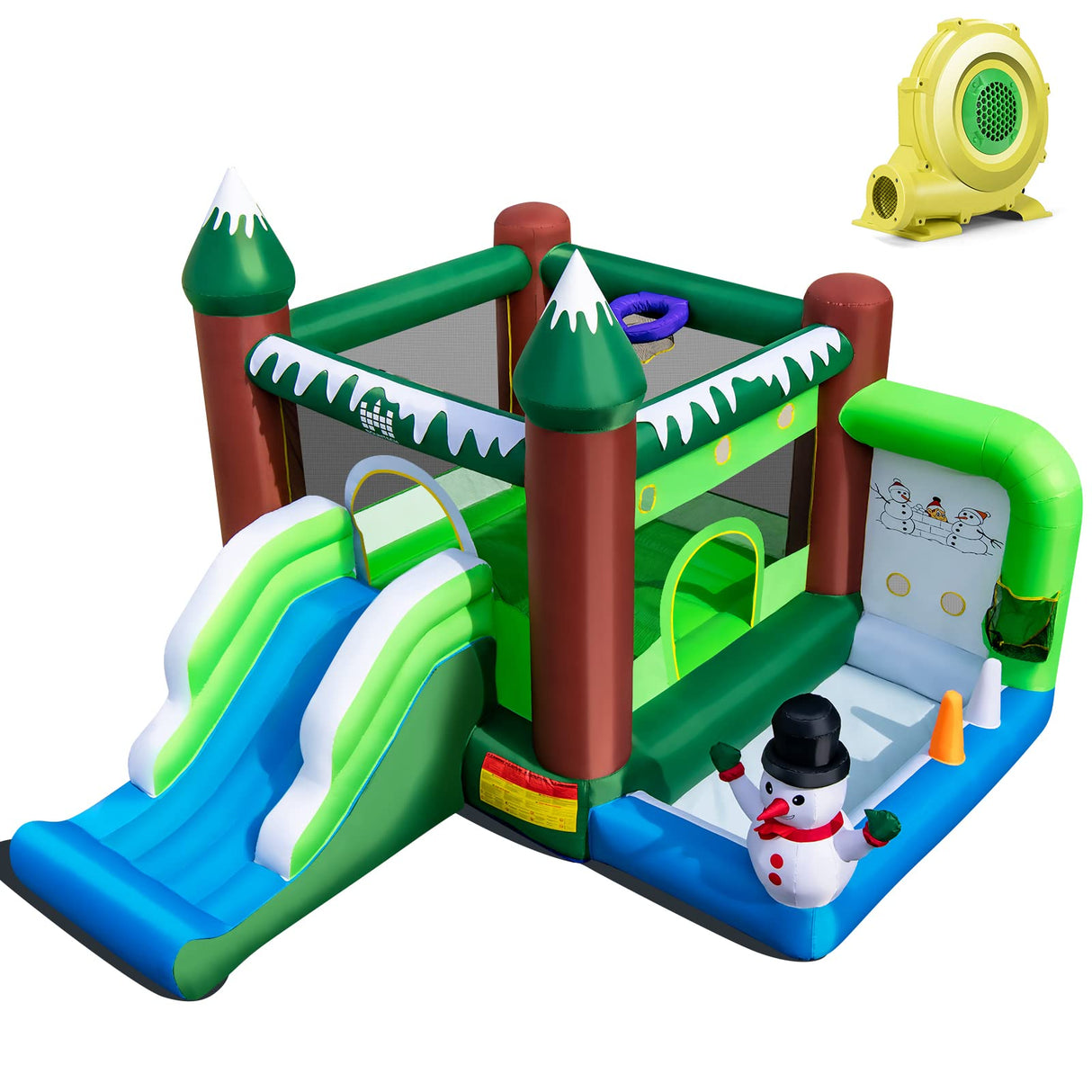 HONEY JOY Kids Inflatable Bounce House, Christmas Snowman Jumping Castle for Children (with 680W Blower)