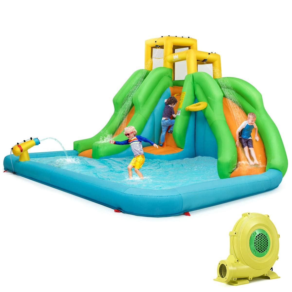 HONEY JOY Inflatable Water Slide, 6 in 1 Inflatable Castle Water Park w/Climbing Wall, Basketball Rim(with 680W Blower)