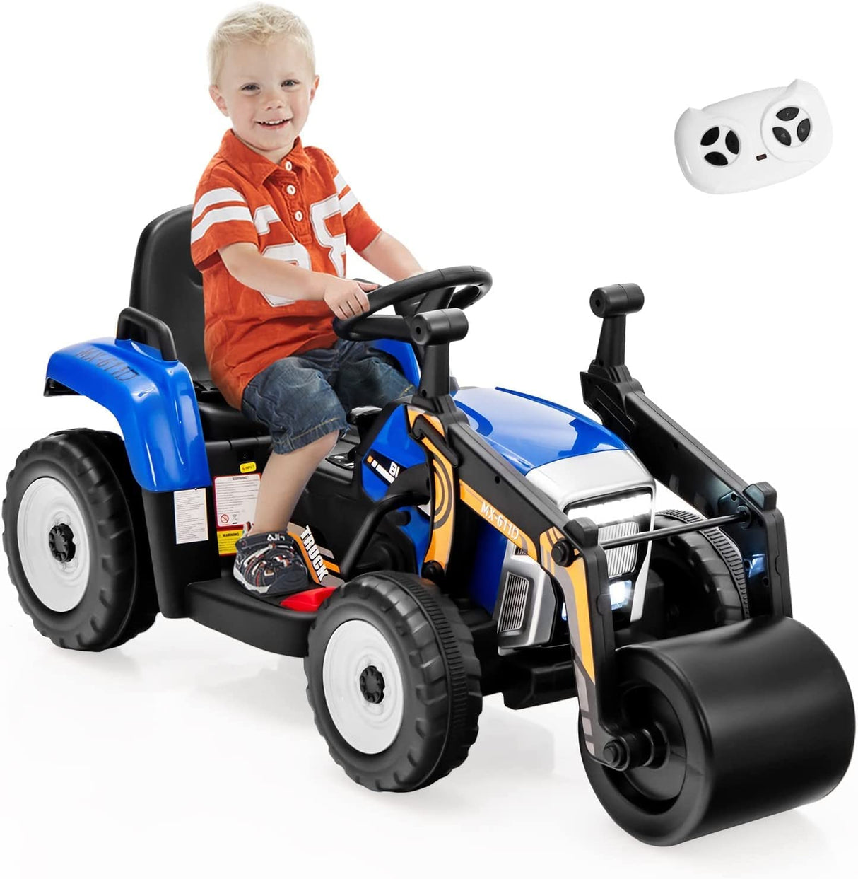 HONEY JOY Ride on Car, 12V Road Roller with Remote Control, Battery Powered Electric Tractor w/Adjustable Drum Roller