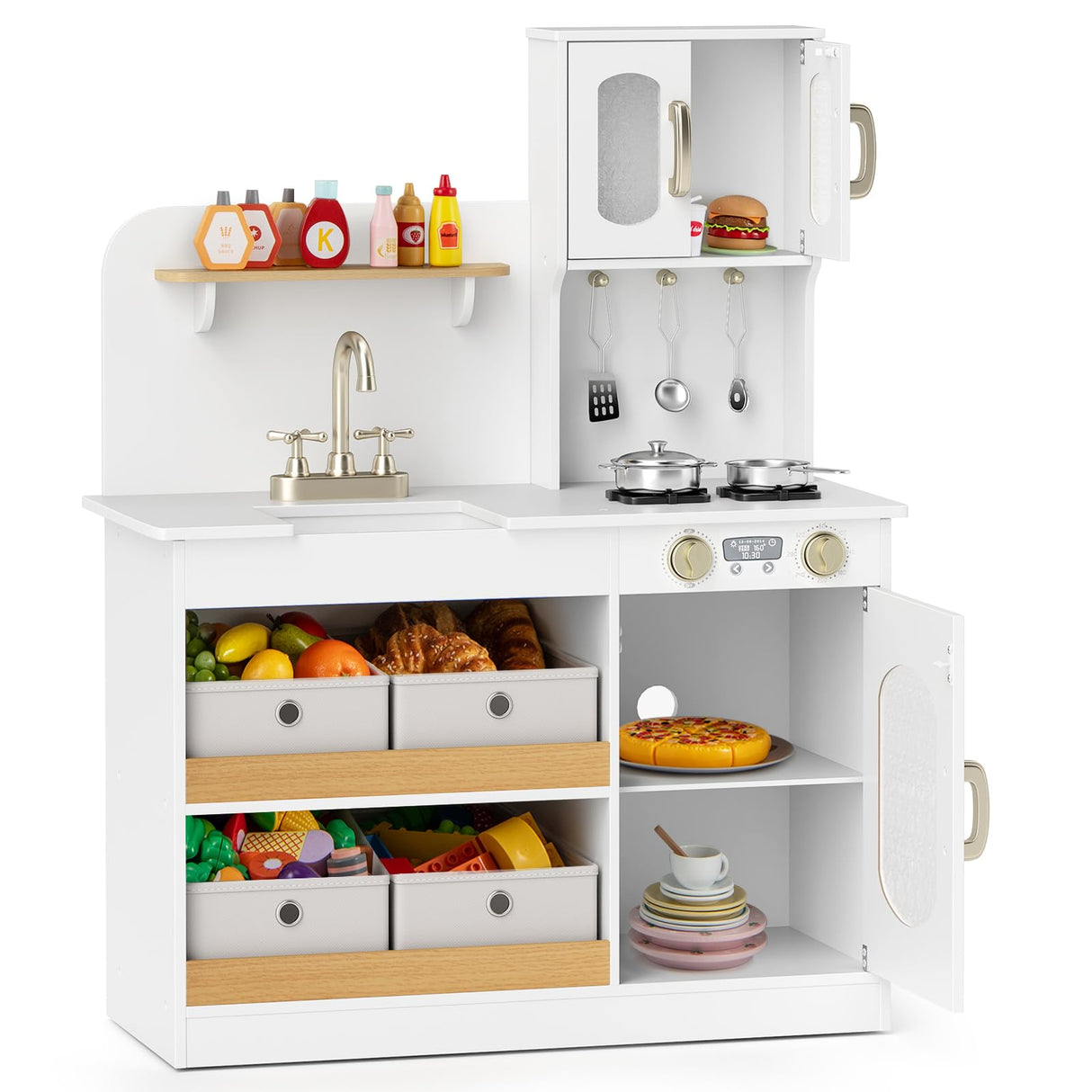 HONEY JOY Play Kitchen for Kids with Storage, Wooden Toy Kitchen Set w/4 Storage Bins