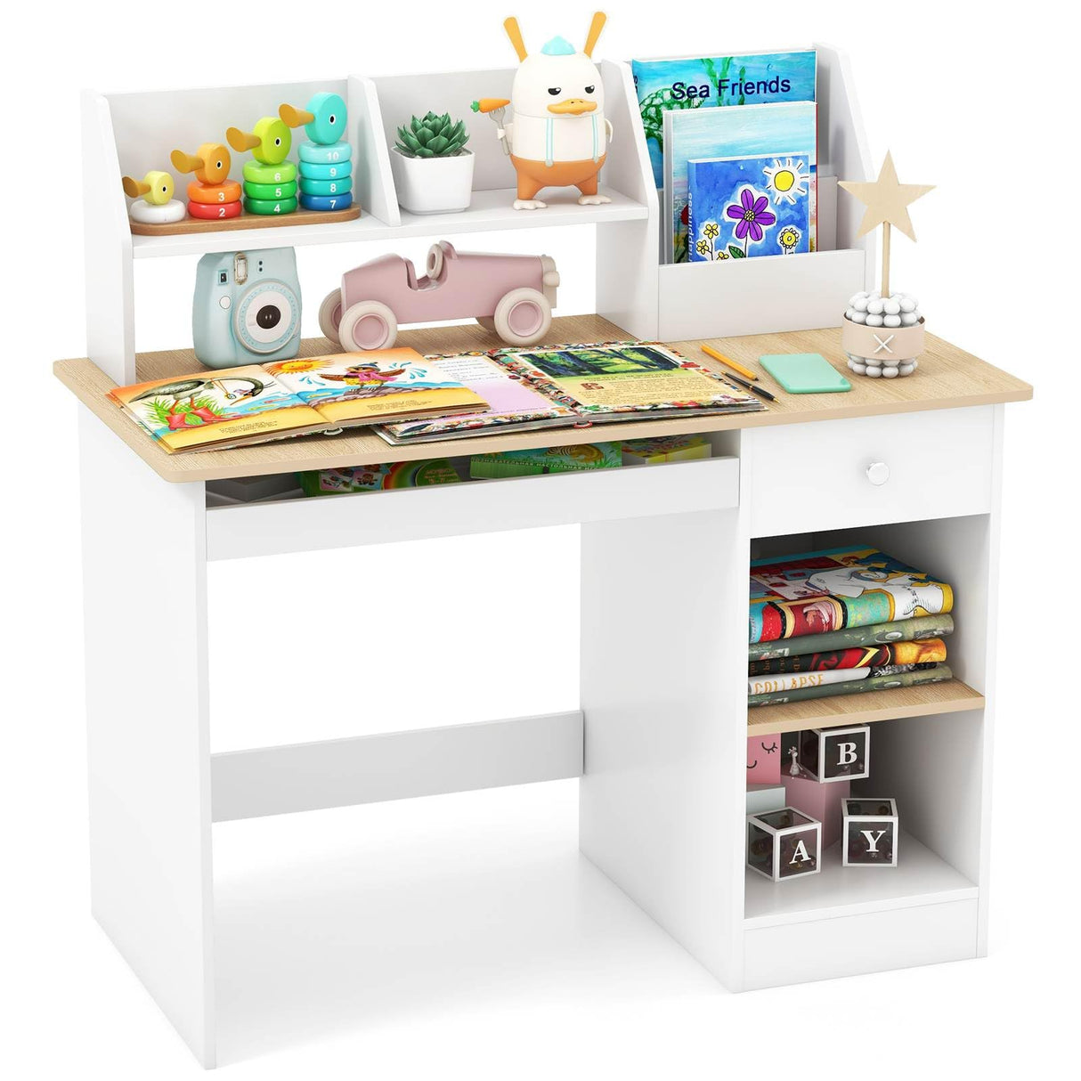 HONEY JOY Kids Study Desk, Children Writing Table w/Hutch